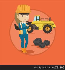 Caucasian miner in hard hat standing on the background of a big excavator. Confident miner with crossed arms standing near coal. Vector flat design illustration in the circle isolated on background.. Miner with a big excavator on background.