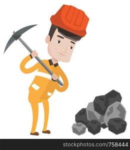 Caucasian miner in hard hat working with a pickaxe. Miner working at the coal mine. Young miner at work. Vector flat design illustration isolated on white background.. Miner working with pickaxe vector illustration.