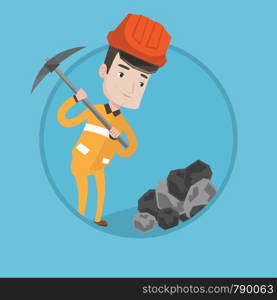 Caucasian miner in hard hat working with a pickaxe. Miner working at the coal mine. Young miner at work. Vector flat design illustration in the circle isolated on background.. Miner working with pickaxe vector illustration.