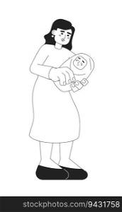Caucasian mother with newborn baby monochromatic flat vector characters. Motherhood. Happy mom cuddling infant. Editable thin line people on white. Simple bw cartoon spot image for web graphic design. Caucasian mother with newborn baby monochromatic flat vector characters