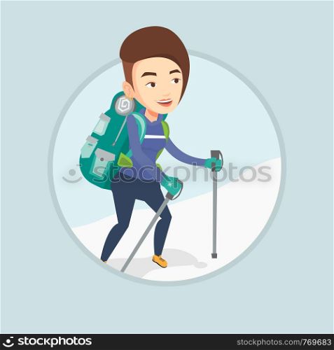 Caucasian mountaineer climbing a snowy ridge. Mountaineer climbing a mountain. Mountaineer with backpack walking up along a ridge. Vector flat design illustration in the circle isolated on background.. Young mountaneer climbing a snowy ridge.
