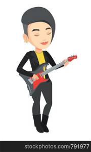 Caucasian musician playing electric guitar. Woman practicing in playing guitar. Female guitarist with eyes closed playing music on guitar. Vector flat design illustration isolated on white background.. Woman playing electric guitar vector illustration.