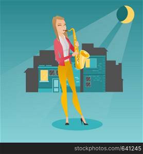 Caucasian musician playing the saxophone. Woman with closed eyes playing the saxophone in the night. Musician with the saxophone in the city street. Vector flat design illustration. Square layout.. Musician playing on saxophone vector illustration.