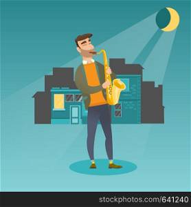 Caucasian musician playing the saxophone. Young man with closed eyes playing the saxophone in the night. Musician with the saxophone in the city street. Vector flat design illustration. Square layout.. Musician playing the saxophone vector illustration