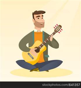 Caucasian musician sitting with the guitar in hands. Hipster man with beard playing the acoustic guitar. Guitarist practicing in playing the guitar. Vector flat design illustration. Square layout.. Man playing the acoustic guitar.