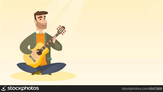 Caucasian musician sitting with the guitar in hands. Hipster man with beard playing the acoustic guitar. Guitarist practicing in playing the guitar. Vector flat design illustration. Horizontal layout.. Man playing the acoustic guitar.