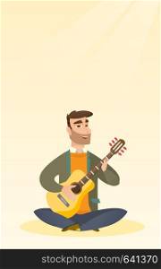 Caucasian musician sitting with the guitar in hands. Hipster man with beard playing the acoustic guitar. Guitarist practicing in playing the guitar. Vector flat design illustration. Vertical layout.. Man playing the acoustic guitar.