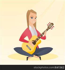 Caucasian musician sitting with the guitar in hands. Young woman playing the acoustic guitar. Smiling guitarist practicing in playing the guitar. Vector flat design illustration. Square layout.. Woman playing the acoustic guitar.