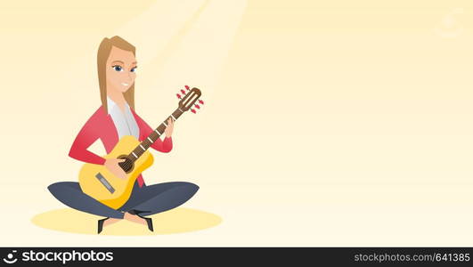 Caucasian musician sitting with the guitar in hands. Young woman playing the acoustic guitar. Smiling guitarist practicing in playing the guitar. Vector flat design illustration. Horizontal layout.. Woman playing the acoustic guitar.