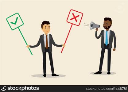 Caucasian office worker Chooses Between Yes And No and African american male Boss with megaphone. Male Making Decision,flat vector illustration
