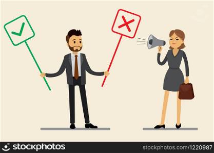 Caucasian office worker Chooses Between Yes And No and Female Boss with megaphone. Male Making Decision,flat vector illustration