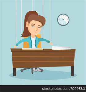 Caucasian office worker hanging on strings like a marionette. Office worker marionette sitting at workplace. Emotionless office worker marionette working. Vector cartoon illustration. Square layout.. Office worker hanging on strings like marionette.