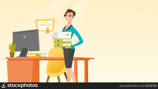 Caucasian office worker holding pile of folders in hands. Smiling office worker with documents. Full length of young joyful female office worker. Vector flat design illustration. Horizontal layout.. Office worker holding pile of folders.