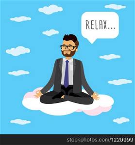 Caucasian Office worker or businessman relaxes and meditates in the lotus position on clouds, flat vector illustration