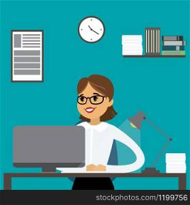 Caucasian Office worker or businesswoman working On Computer.Cartoon Workplace,flat stock vector illustration