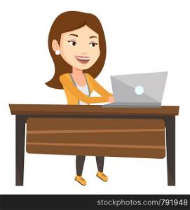 Caucasian office worker sitting at the table and using laptop. Young happy office worker working on laptop. Cheerful office worker at work. Vector flat design illustration isolated on white background. Office worker working on laptop at workplace.