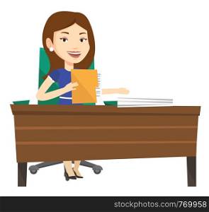 Caucasian office worker working with documents. Office worker sitting at the table with documents. Office worker inspecting documents. Vector flat design illustration isolated on white background.. Office worker working with documents.