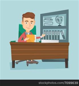 Caucasian office worker working with documents. Young office worker sitting at the table with documents. Smiling office worker inspecting documents. Vector flat design illustration. Square layout.. Office worker working with documents.