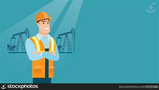 Caucasian oil worker in uniform and helmet. Confident oil worker standing with crossed arms. Oil worker standing on the background of pump jack. Vector flat design illustration. Horizontal layout.. Confident oil worker vector illustration.