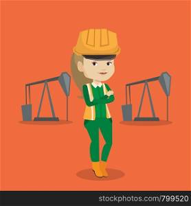 Caucasian oil worker in uniform and helmet. Confident oil worker standing with crossed arms. Female oil worker standing on the background of pump jack. Vector flat design illustration. Square layout.. Confident oil worker vector illustration.