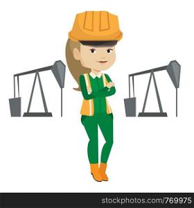 Caucasian oil worker in uniform and helmet. Oil worker standing with crossed arms. Oil worker standing on the background of pump jack. Vector flat design illustration isolated on white background.. Cnfident oil worker vector illustration.