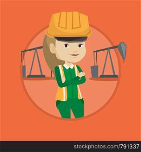 Caucasian oil worker in uniform and helmet. Oil worker standing with crossed arms. Oil worker standing on the background of pump jack. Vector flat design illustration in circle isolated on background.. Confident oil worker vector illustration.