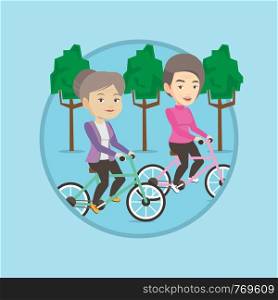 Caucasian old women riding bikes in park. Senior women riding on bicycles in park. Senior ladies enjoying walk with bicycles. Vector flat design illustration in the circle isolated on background.. Senior women riding on bicycles in the park