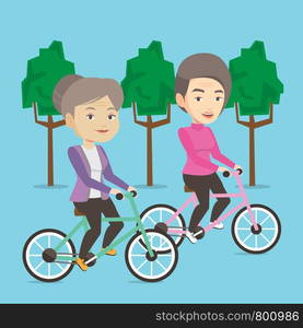 Caucasian old women riding bikes in park. Senior women riding on bicycles in park. Retired women biking. Senior ladies enjoying walk with bicycles. Vector flat design illustration. Square layout.. Senior women riding on bicycles in the park