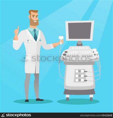 Caucasian operator of an ultrasound scanning machine analyzing the liver of patient. Young hipster doctor working on a modern ultrasound equipment. Vector flat design illustration. Square layout.. Young ultrasound doctor vector illustration.