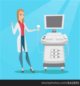 Caucasian operator of an ultrasound scanning machine analyzing the liver of patient. Young smiling doctor working on a modern ultrasound equipment. Vector flat design illustration. Square layout.. Young ultrasound doctor vector illustration.