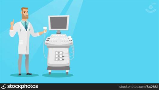 Caucasian operator of an ultrasound scanning machine analyzing the liver of patient. Young hipster doctor working on a modern ultrasound equipment. Vector flat design illustration. Horizontal layout.. Young ultrasound doctor vector illustration.