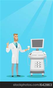 Caucasian operator of an ultrasound scanning machine analyzing the liver of patient. Young hipster doctor working on a modern ultrasound equipment. Vector flat design illustration. Vertical layout.. Young ultrasound doctor vector illustration.