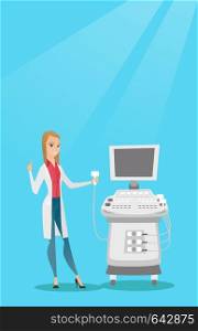 Caucasian operator of an ultrasound scanning machine analyzing the liver of patient. Young smiling doctor working on a modern ultrasound equipment. Vector flat design illustration. Vertical layout.. Young ultrasound doctor vector illustration.