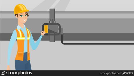 Caucasian operator of refinery plant checking detector on pipeline. Worker standing on the background of pipeline. Technician maintaining pipeline. Vector flat design illustration. Horizontal layout.. Operator checking detector on gas pipeline.
