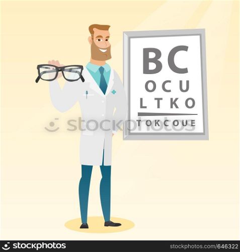 Caucasian ophthalmologist doctor giving glasses. Ophthalmologist holding eyeglasses on the background of eye chart. Ophthalmologist offering glasses. Vector flat design illustration. Square layout.. Professional ophthalmologist holding eyeglasses.