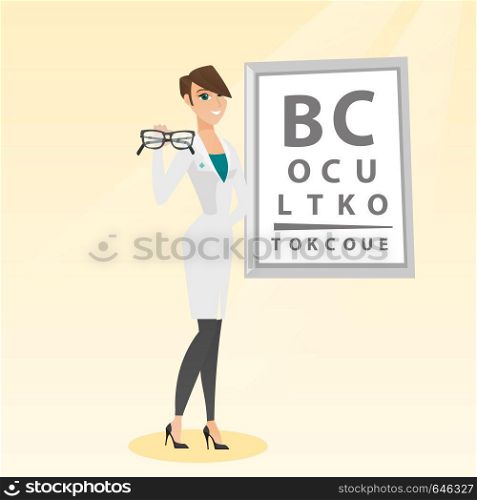 Caucasian ophthalmologist doctor giving glasses. Ophthalmologist holding eyeglasses on the background of eye chart. Ophthalmologist offering glasses. Vector flat design illustration. Square layout.. Professional ophthalmologist holding eyeglasses.