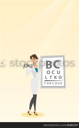 Caucasian ophthalmologist doctor giving glasses. Ophthalmologist holding eyeglasses on the background of eye chart. Ophthalmologist offering glasses. Vector flat design illustration. Vertical layout.. Professional ophthalmologist holding eyeglasses.
