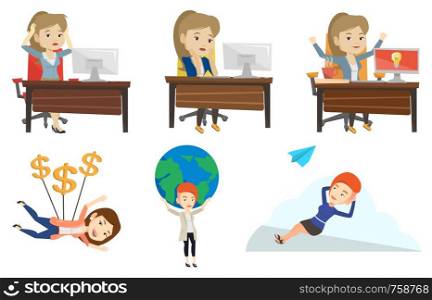 Caucasian overworked business woman feeling stress from work. Stressful employee sitting at workplace. Stress at work concept. Set of vector flat design illustrations isolated on white background.. Vector set of business characters.