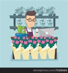 Caucasian owner of flower shop using phone and laptop to take order. Owner of flower shop standing behind the counter. Owner of flower shop at work. Vector flat design illustration. Square layout.. Florist at flower shop vector illustration.