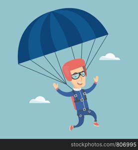 Caucasian parachutist flying with a parachute. Young happy parachutist descending with a parachute in the sky. Sport and leisure activity concept. Vector flat design illustration. Square layout.. Young happy man flying with a parachute.