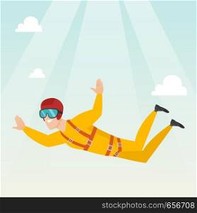 Caucasian parachutist jumping with a parachute. Professional parachutist falling through the air. Happy young man flying with a parachute in the sky. Vector flat design illustration. Square layout.. Caucasian parachutist jumping with a parachute.