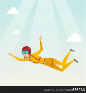 Caucasian parachutist jumping with a parachute. Professional parachutist falling through the air. Happy young woman flying with a parachute in the sky. Vector flat design illustration. Square layout.. Caucasian parachutist jumping with a parachute.