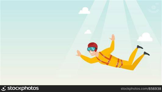 Caucasian parachutist jumping with a parachute. Professional parachutist falling through the air. Happy young man flying with a parachute in the sky. Vector flat design illustration. Horizontal layout. Caucasian parachutist jumping with a parachute.