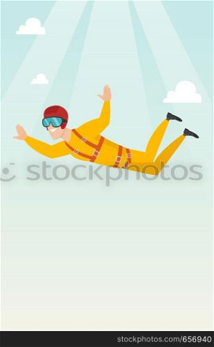 Caucasian parachutist jumping with a parachute. Professional parachutist falling through the air. Happy young man flying with a parachute in the sky. Vector flat design illustration. Vertical layout.. Caucasian parachutist jumping with a parachute.