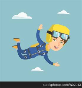 Caucasian parachutist jumping with a parachute. Professional parachutist falling through the air. Happy young woman flying with a parachute in the sky. Vector cartoon illustration. Square layout.. Caucasian parachutist jumping with a parachute.