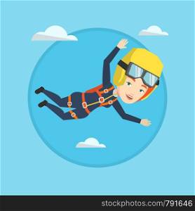 Caucasian parachutist jumping with parachute. Parachutist falling through the air. Young woman flying with parachute in clouds. Vector flat design illustration in the circle isolated on background.. Caucasian parachutist jumping with parachute.