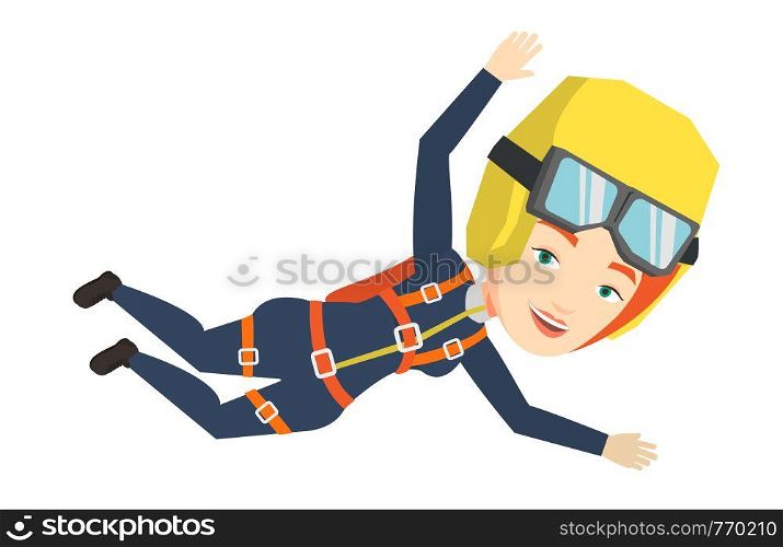 Caucasian parachutist jumping with parachute. Professional female parachutist falling through the air. Young woman flying with parachute. Vector flat design illustration isolated on white background.. Caucasian parachutist jumping with parachute.