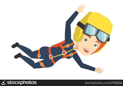 Caucasian parachutist jumping with parachute. Professional female parachutist falling through the air. Young woman flying with parachute. Vector flat design illustration isolated on white background.. Caucasian parachutist jumping with parachute.