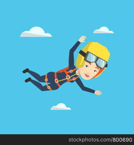 Caucasian parachutist jumping with parachute. Professional female parachutist falling through the air. Happy young woman flying with parachute in clouds. Vector flat design illustration. Square layout. Caucasian parachutist jumping with parachute.