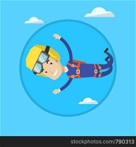 Caucasian parachutist jumping with parachute. Professional male parachutist falling through the air. Man flying with parachute. Vector flat design illustration in the circle isolated on background.. Caucasian parachutist jumping with parachute.